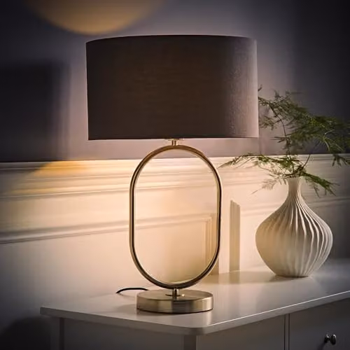 ValueLights Antonia Oval Fabric Drum Table Lamp in Grey with Brushed Chrome Finish – 2