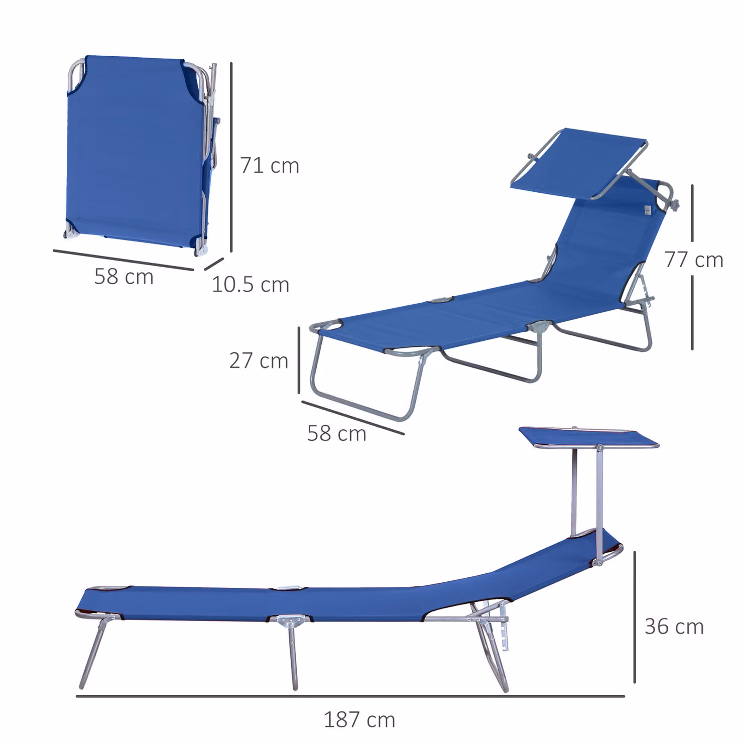 Outsunny 2 Piece Foldable Sun Lounger Set with Removable Shade Canopy and Adjustable Headrest in Blue Mesh Fabric – 3