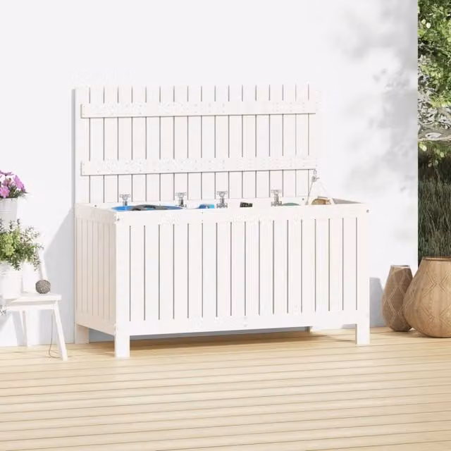 Berkfield Home Garden Storage Box in White Solid Pine Wood, W/D/H: 115 x 49 x 60 cm