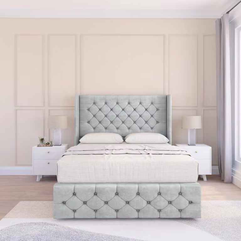 Sloomy Luthor Naples Silver Velvet Wingback Bed Set with Floor Standing Headboard, Super King, W/D/H: 200 x 200 cm