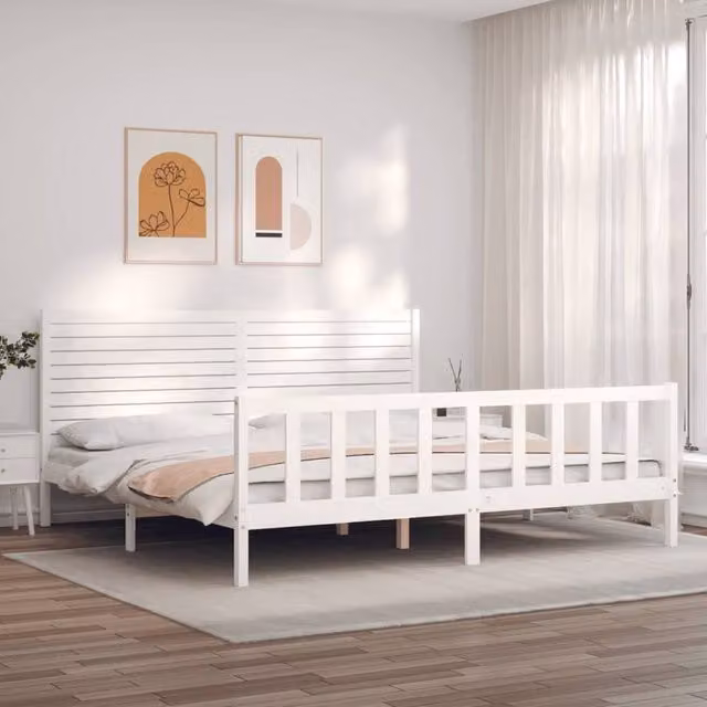 Berkfield Home Super King Size Solid Pine Bed Frame with Headboard in White – 1