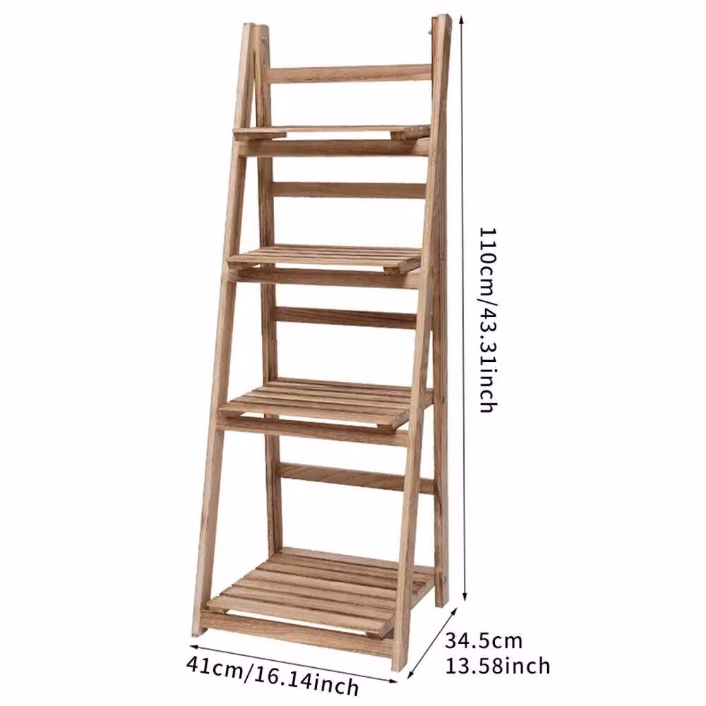 KORVIXA 4 Tier Foldable Wooden Ladder Shelf Planter Stand in Brown, W/D/H: 60 x 34.5 x 110 cm – 2