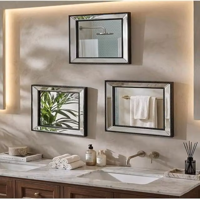 DEENZ Set of 3 Square Beaded Wall Mirrors in Black and Silver