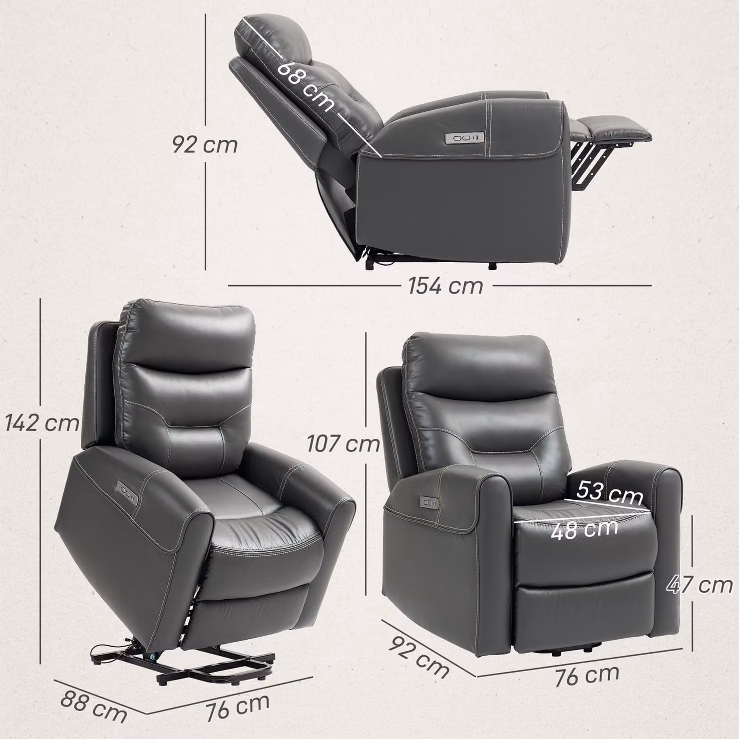 HOMCOM Power Lift Recliner Chair for Seniors in Charcoal Grey with USB Ports and Remote Control – 3