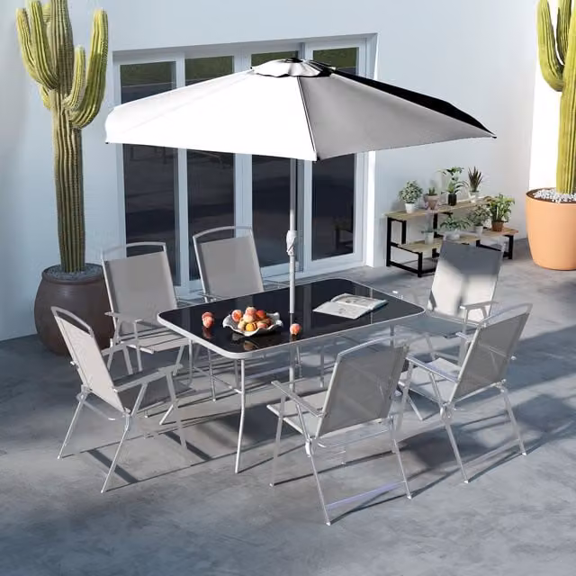 Outsunny 8 Piece Modern Garden Furniture Set with Glass Table and Folding Chairs in Grey