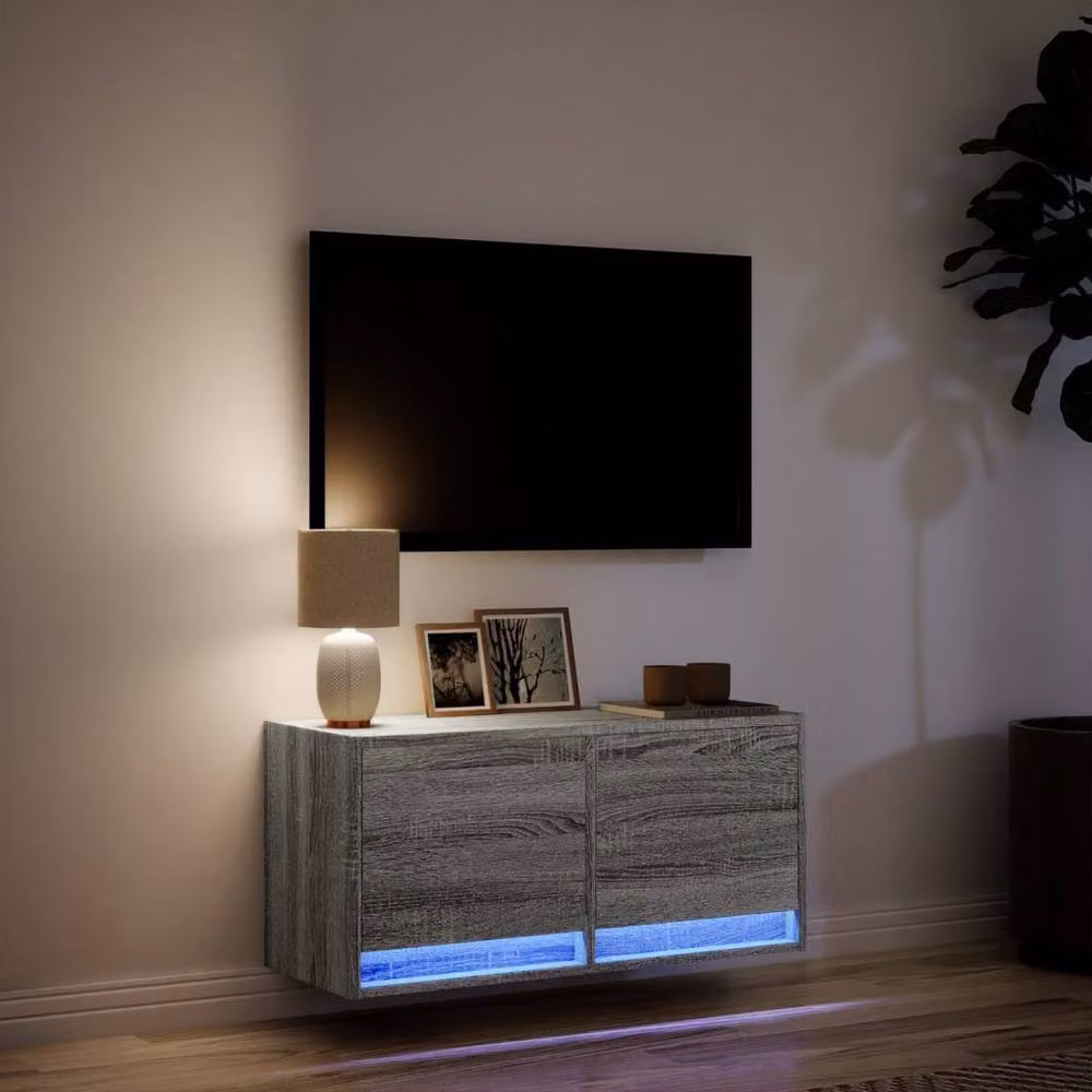 Berkfield Home Modern TV Wall Cabinet with LED Lights in Grey Sonoma, W: 80 cm, D: 31 cm, H: 35 cm – 3