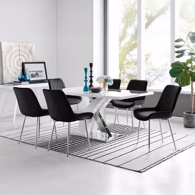 FurnitureboxUK Atlanta White Dining Table and 6 Pesaro Black Chairs with Silver Legs