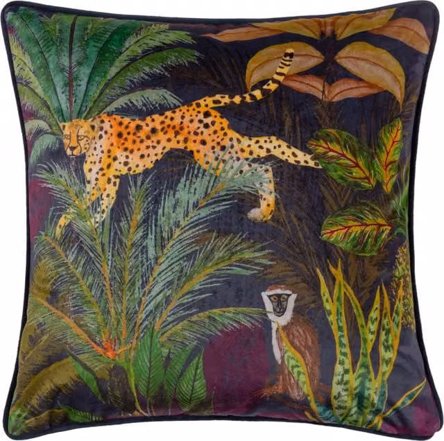 Make it a Home Floral Cheetah Piped Velvet Cushion in Multicolour Blue Polyester