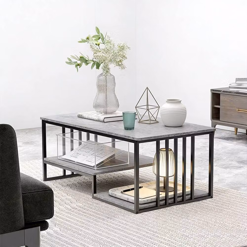 Ventryn 3-Tier Faux Marble Coffee Table with Metal Frame and Open Storage in Grey and Black, W: 120 cm, D: 60 cm – 2
