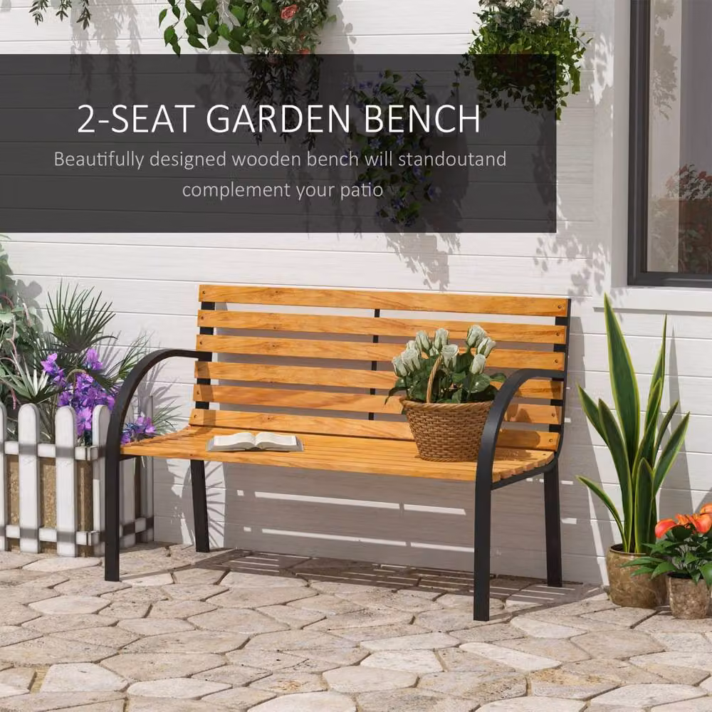 Wyld Haus Nifalo Modern Outdoor Garden Bench with Black Steel Frame and Brown Wood, Width: 122 cm – 4