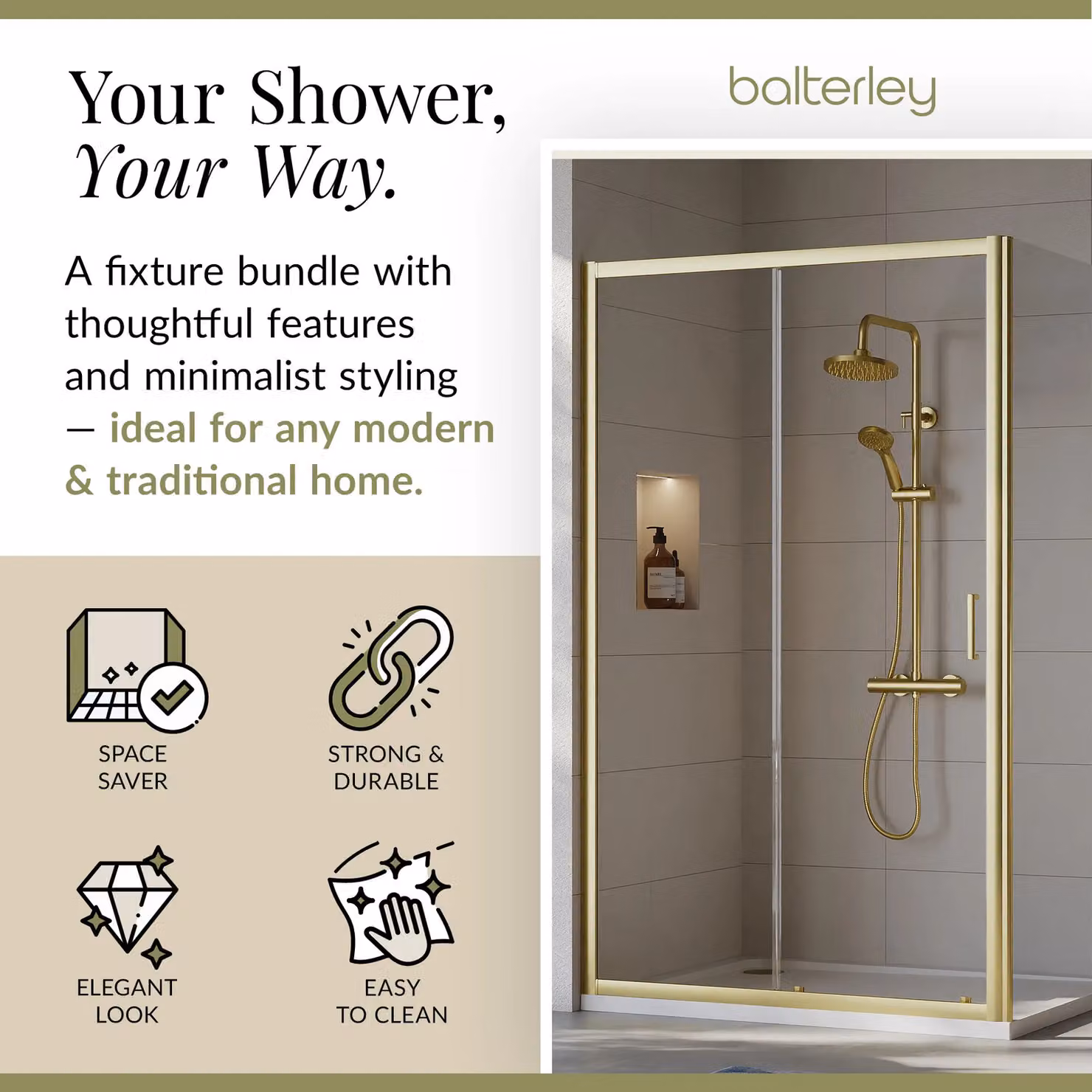 Balterley Ruwa Sliding Shower Suite with Rectangular Tray and 6mm Clear Glass Door Panel, Gold, W/D/H: 1200 x 900 x 190 mm – 2