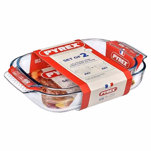 Pyrex Classic Lasagne Dishes in Transparent Glass and Stainless Steel, 3.6 l and 2.6 l – 1