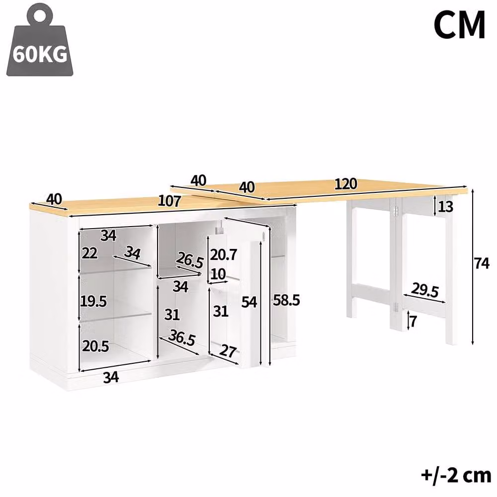 Merax Extendable Kitchen Island with Dining Table, LED Lights and Storage, White, W/D/H: 120 x 40.8 x 74 cm – 2