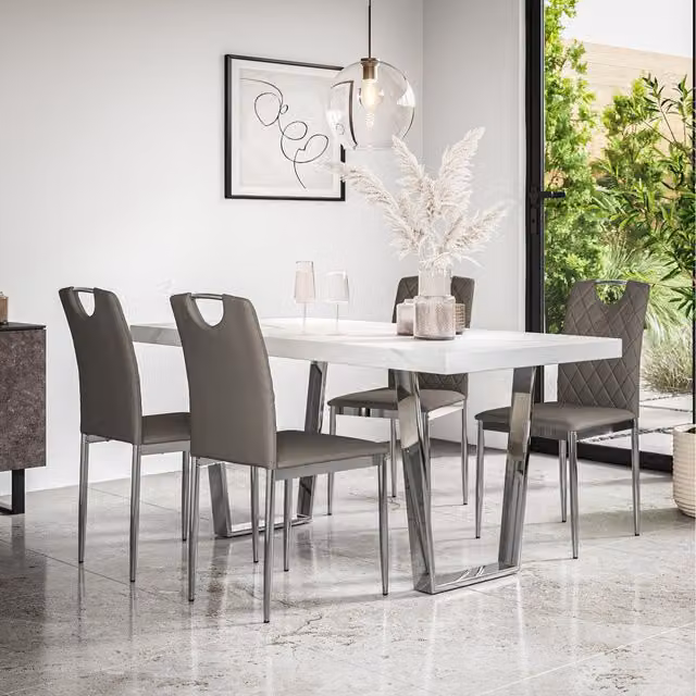 More4Homes Aria Dining Table Set with 6 Monza Faux Leather Chairs, Grey Marble Effect and Chrome Legs