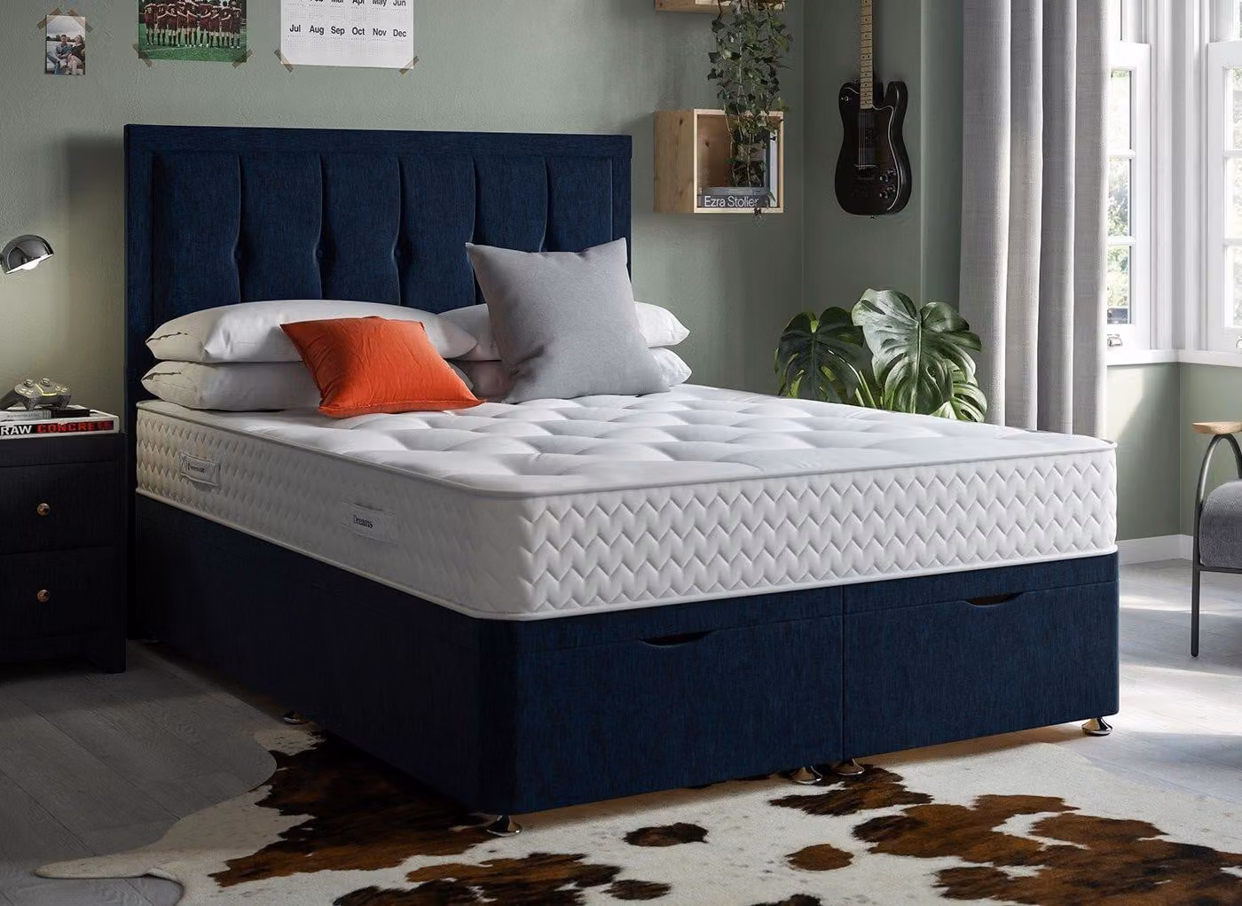 Dream Team Blue Velvet Upholstered Ottoman Divan Bed Base with Lift Up Base