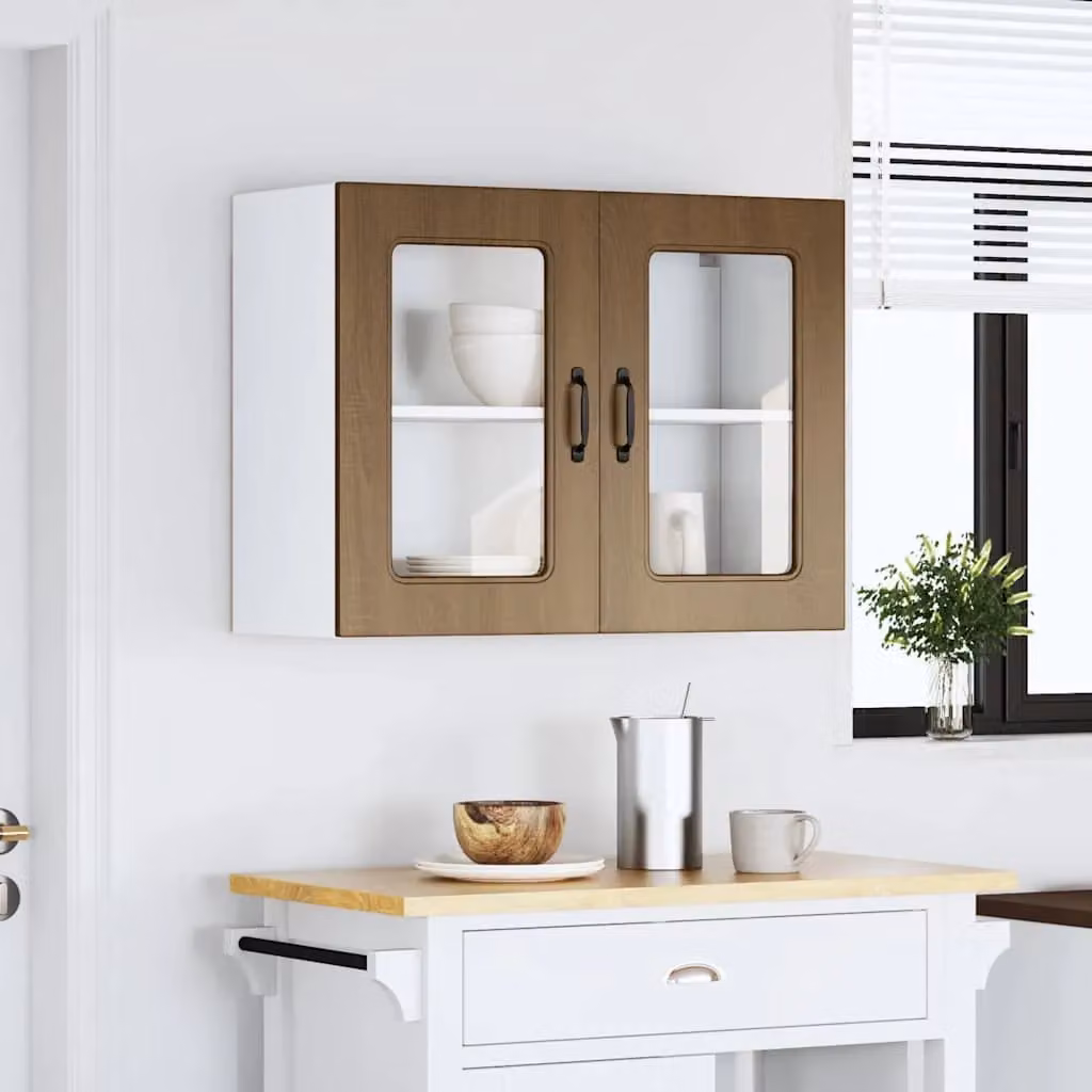 Berkfield Home Kalmar Modern Wall Mounted Kitchen Cabinet with Glass Doors in Brown Oak – 2
