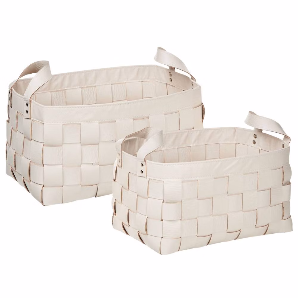 Wyld and Coco Set of 2 Beige Faux Leather Storage Baskets with Handles – 2