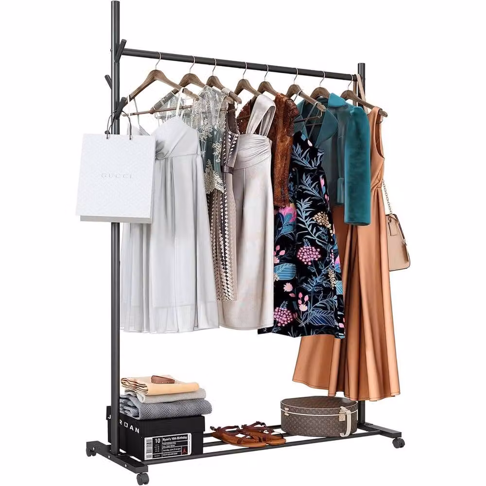 PAWNORA Matt Black Metal Clothes Rail with Wheels – 5