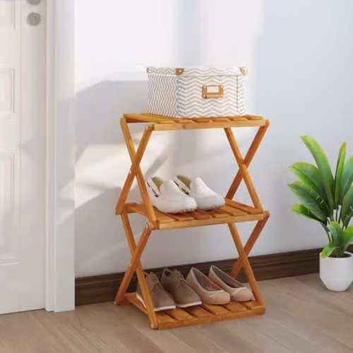 vidaXL 3-Tier Acacia Wood Folding Shoe Rack, Brown, W: 43 cm, D: 31 cm, H: 63 cm – 2