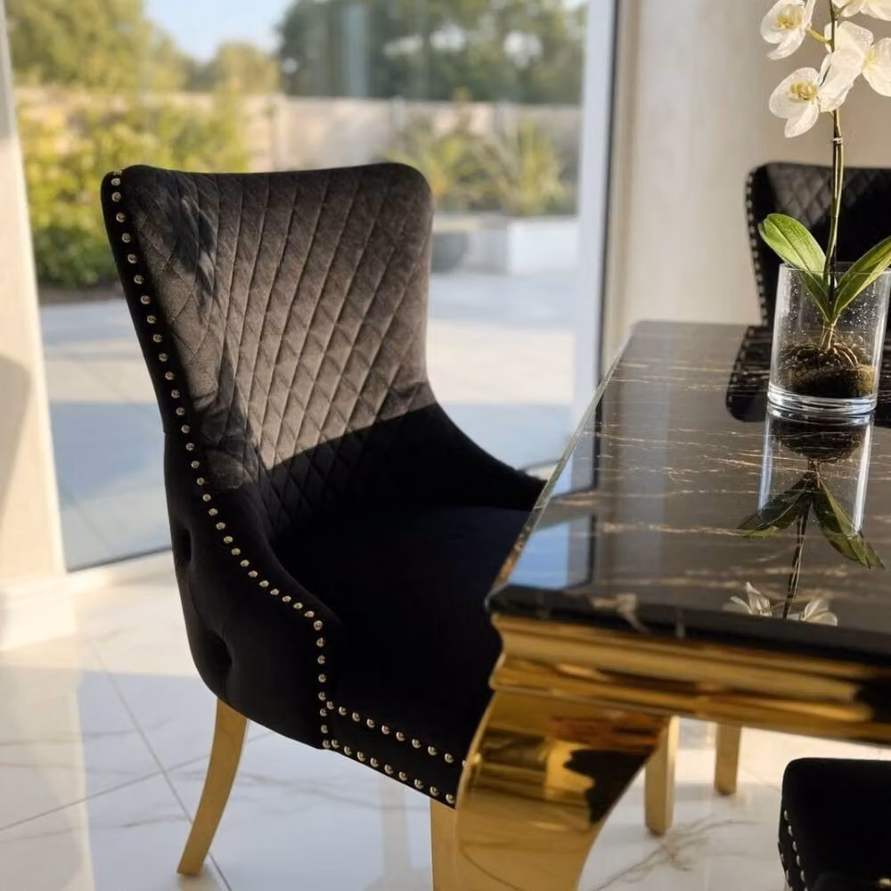 HOME LUXE INTERIOR Sofia Black and Gold Marble Dining Table and 4 Victoria Black Lion Chairs – 5