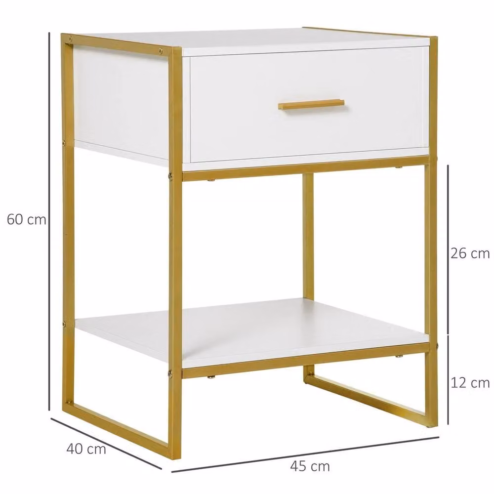 HOMCOM Modern White and Gold Bedside Table with Metal Frame – 2