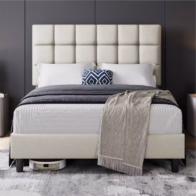 Yaheetech Upholstered Bed Frame with Square Tufted Headboard in Beige, W/D/H: 140 x 200 cm
