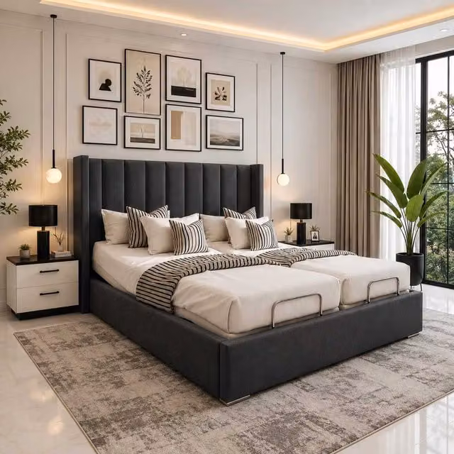 Swan Electric Adjustable Bed with Foam Mattress and Upholstered Headboard in Dark Grey
