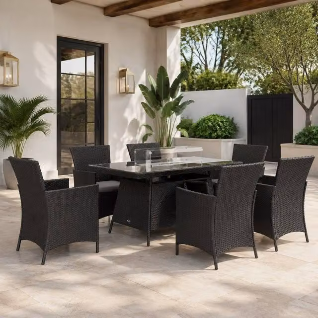 STILVORA Modern Outdoor Dining Set with Black Fire Pit Table and 7 Chairs
