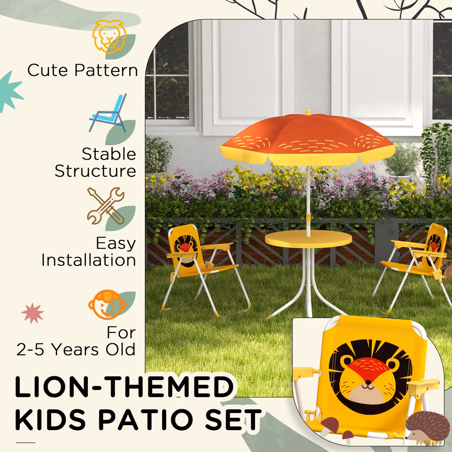 Outsunny Lion Themed Kids Outdoor Picnic Table and Chair Set with Adjustable Parasol, Yellow – 5