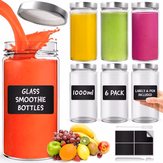 Volila 6-Pack Leakproof Glass Mason Jars with Screw Lids for Drinks and Storage, Clear, 1000ml per jar