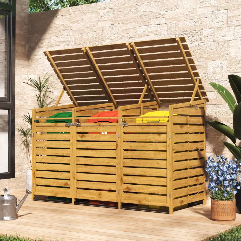 Living and Home Brown Spruce Wood Outdoor Trash Can Storage Shed with 3 Hinged Doors, H 198.0 cm x W 122.5 cm x D 40.0 cm (assumed based on provided values)

Wait, the instructions state: "If no dimensions are present in the original text, leave them out  – 4