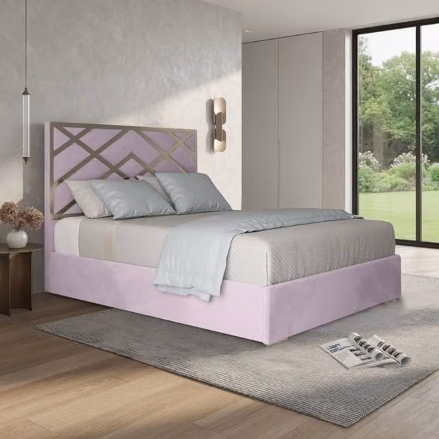 KDMD Wolferton Pink Velvet Upholstered Metal Designer Bed Frame, W: 140 cm, L: 200 cm