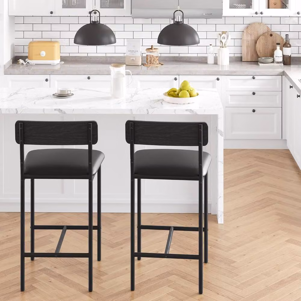 London Boutique Set of 2 Upholstered Counter Height Bar Stools in Black Synthetic Leather – 3