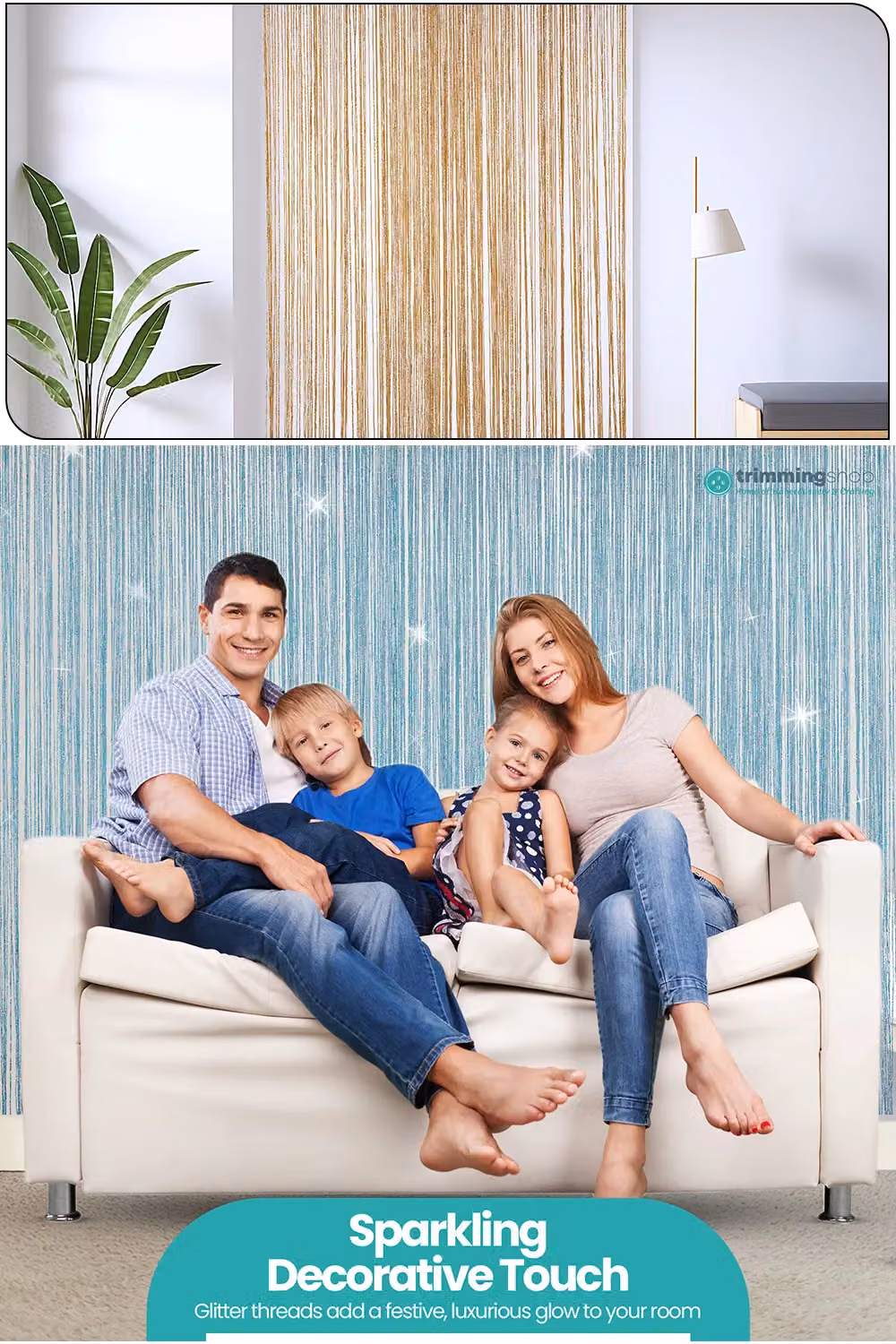 Neel Blue Turquoise Glitter Polyester String Curtain with Spaghetti Tassel Fringe, W: 90 cm, H: 200 cm – 3
