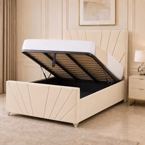 Living Comfort Bedz Bespoke Ottoman Bed Frame with Headboard in Cream Plush Velvet, W/D/H: 200 x 180 x 127 cm – 1