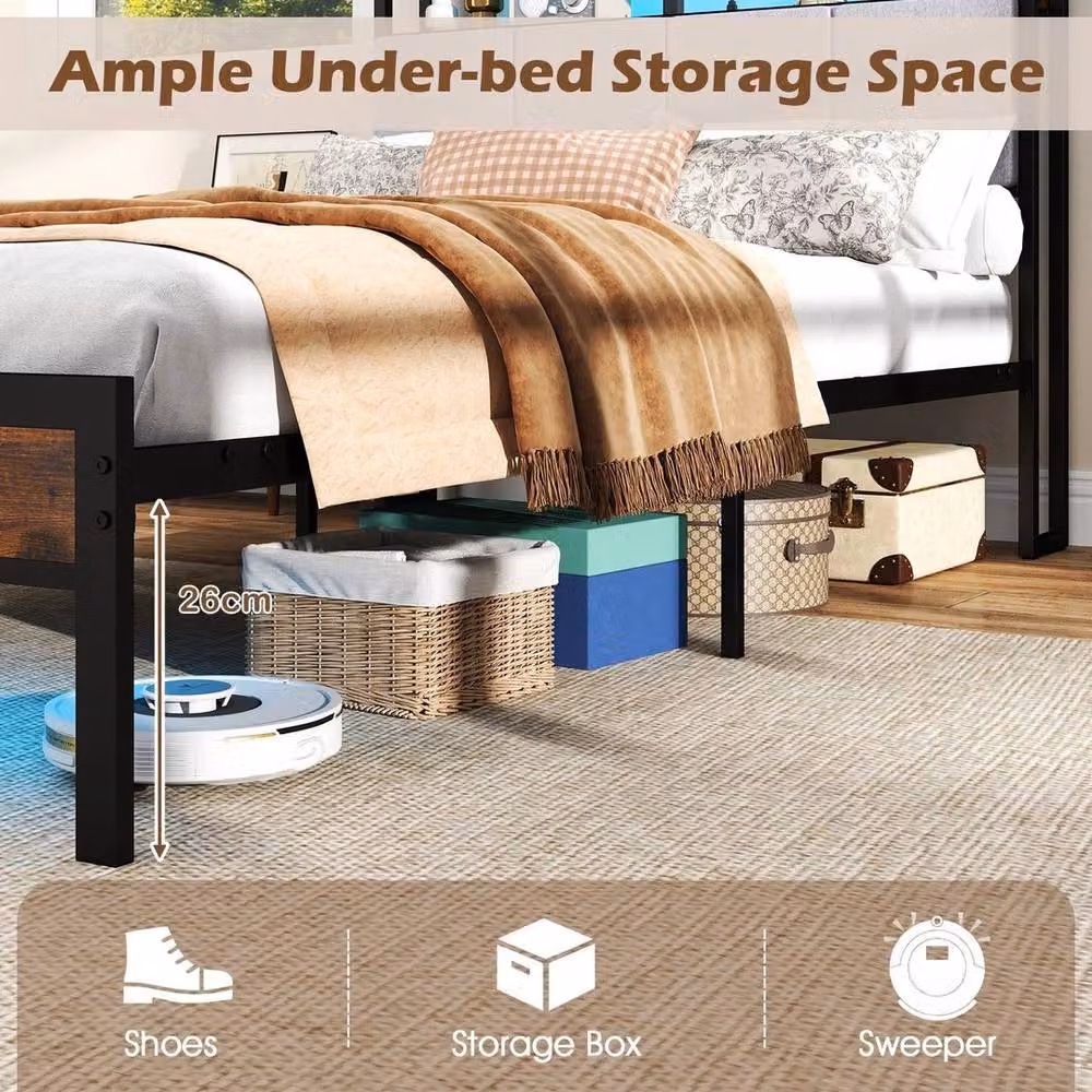 KORVIXA Double Size Industrial Metal Platform Bed Frame with Under-Bed Lighting, USB Charging Ports and Side Compartments, Black, W/D/H: 140 x 200 cm – 5