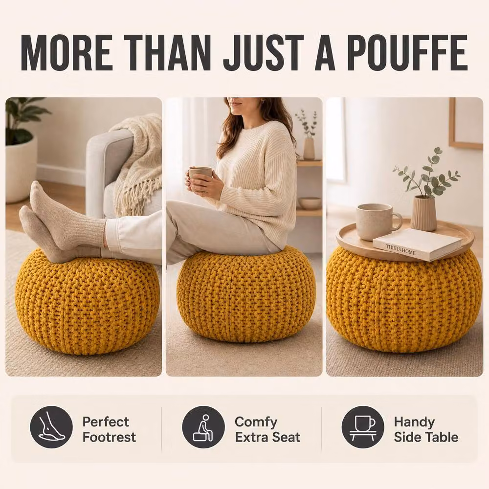 Bravich LTD Chunky Knitted Cotton Ottoman Footstool in Yellow, Diameter: 50 cm – 2