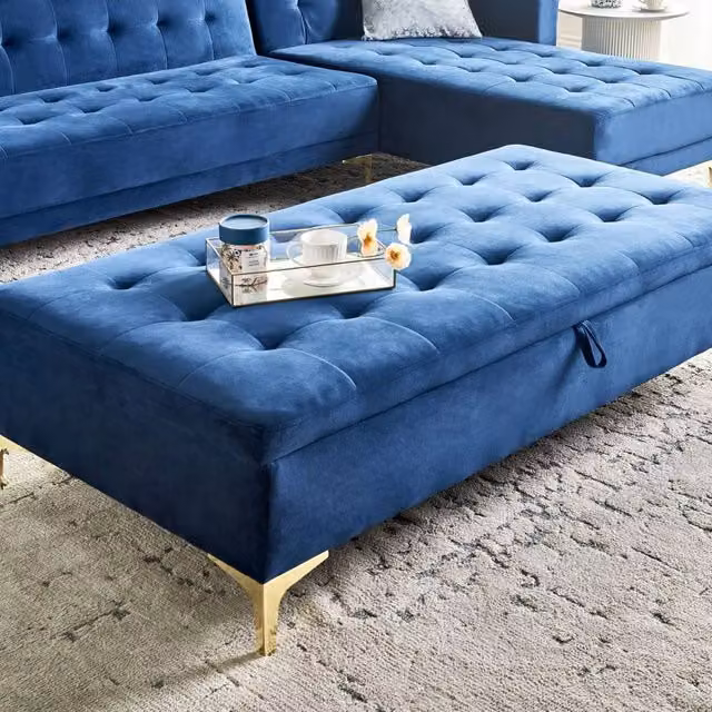 Wyld and Coco Navy Blue Velvet Tufted Storage Ottoman with Gold Legs – 1