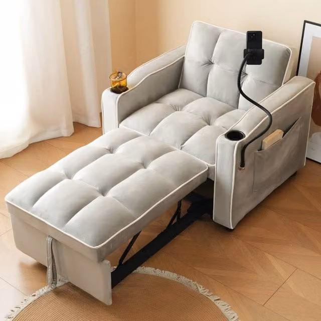 Merax Grey Velvet Convertible Sleeper Chair with Phone Holder and 2 Cup Holders
