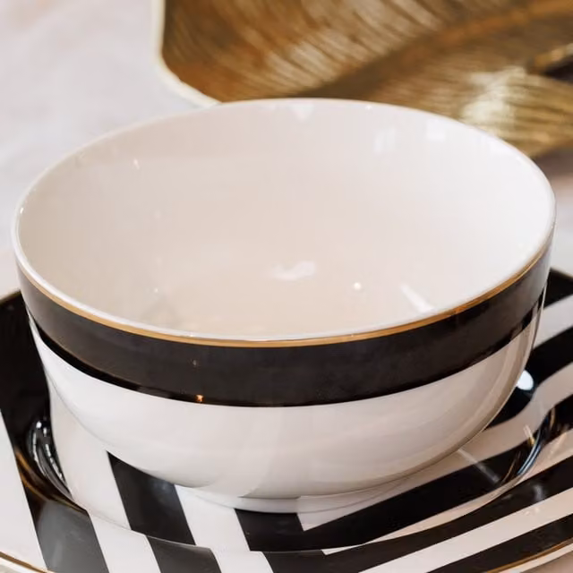 Mikasa Luxe Deco White and Gold Geometric Bone China Cereal Bowls, Set of 4, Diameter: 14 cm