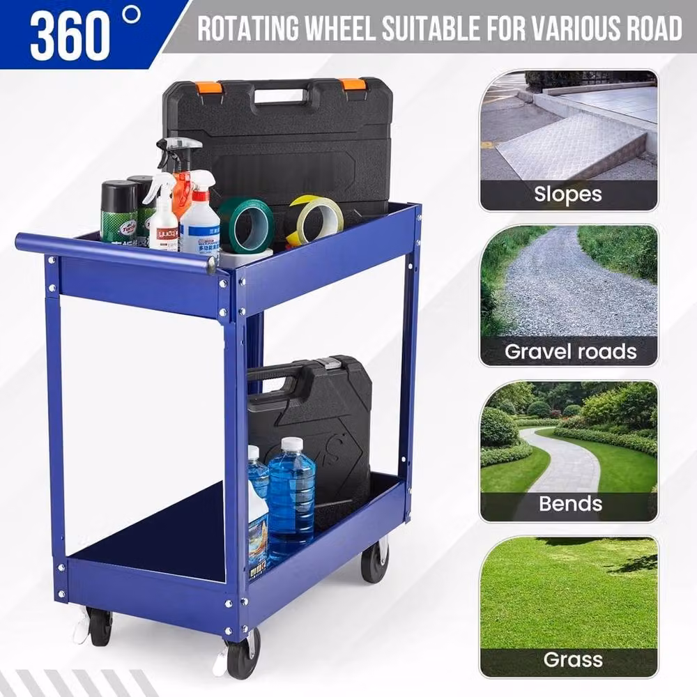 VOGREX 2 Tier Heavy-Duty Metal Utility Cart with Wheels, Blue – 5