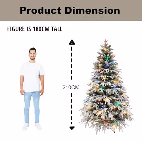 SHATCHI Lapland Fir Pre-Lit Artificial Christmas Tree with 320 Multicolour LED Lights, Snow Flocked Green PE/PVC Tips and Metal Stand, H: 210 cm, W: 130 cm – 4