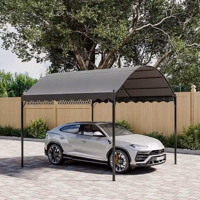 Livingandhome Metal Arched Car Canopy with Grey Polyester Shade