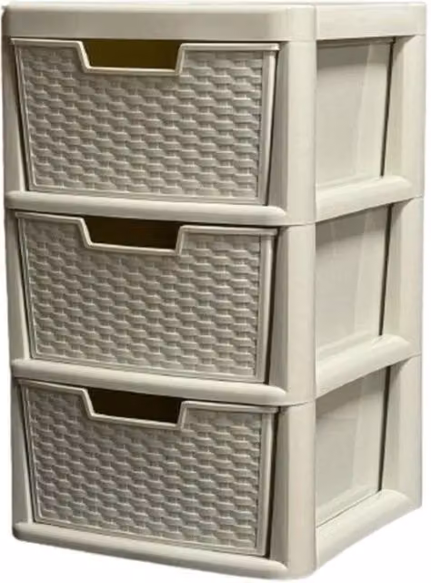 PAWNORA 3 Tier Storage Drawer Unit in Beige Rattan Plastic, W: 100 cm, D: 15 cm