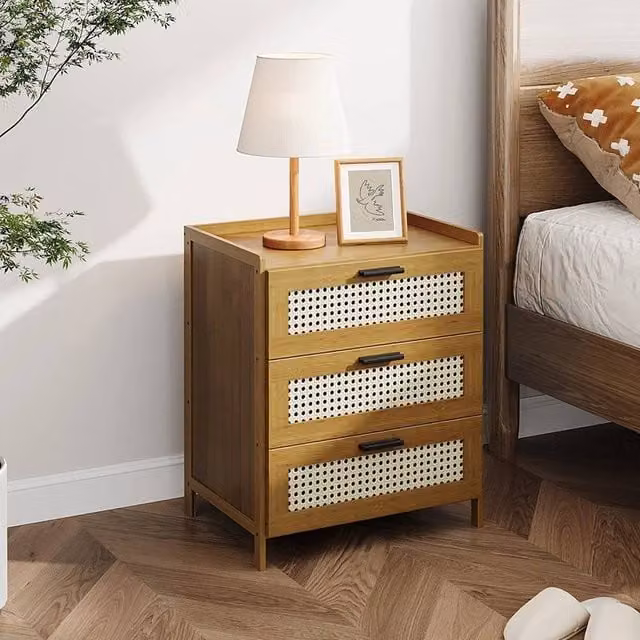 EONLION Brown Wooden Bedroom Bedside Cabinet with 3 Drawers and Rattan Door