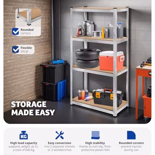 tectake Set of 2 Heavy-Duty Garage Shelving Units with Galvanised Steel Frames and 8 Adjustable MDF Shelves, Silver, W/D/H: 160 x 40 x 160 cm – 4