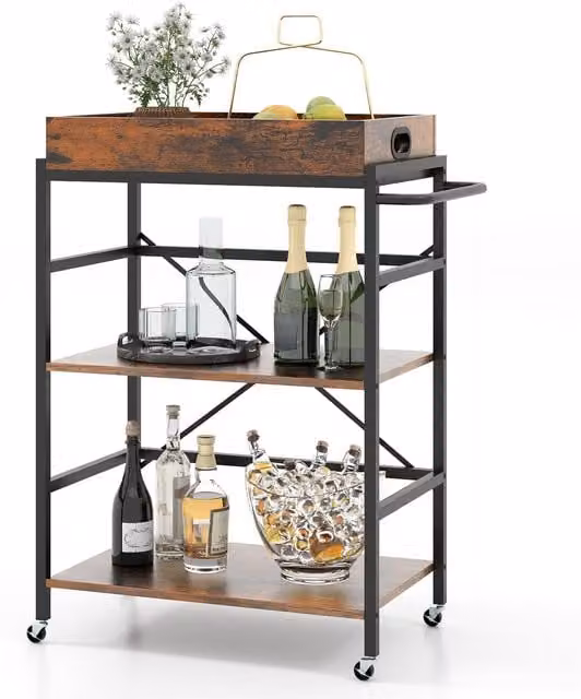 Gymax 3-Tier Industrial Metal Bar and Kitchen Serving Cart with Detachable Tray in Brown – 1