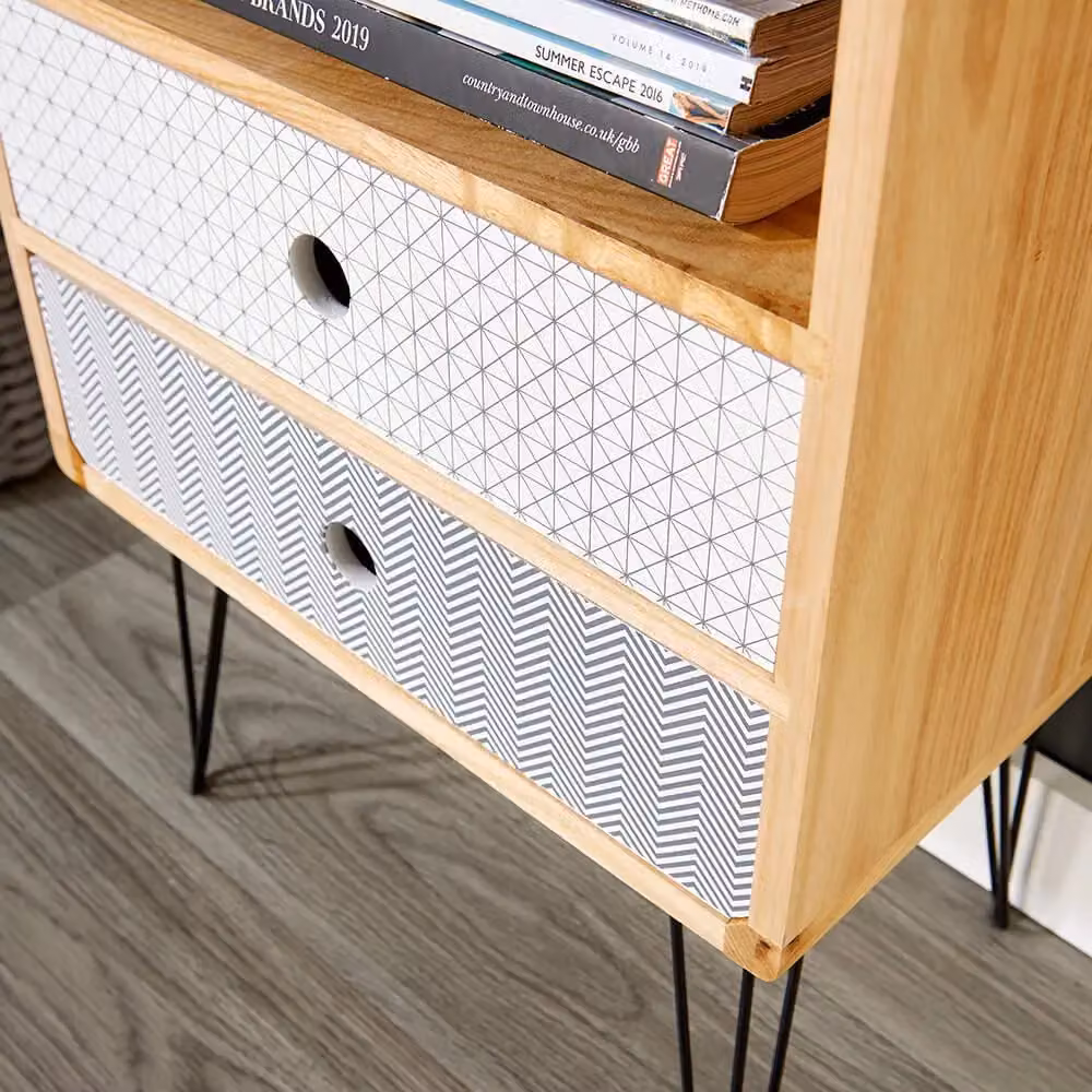Home Source Retro 2 Drawer Wooden Side Table and Bedside Cabinet with Metal Legs in Natural Brown – 3