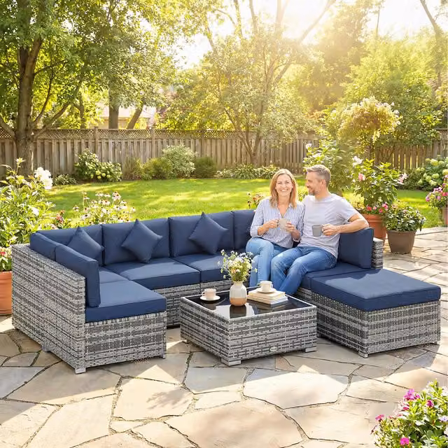 Outsunny 8 Piece Modern Rattan Garden Furniture Set in Blue and Grey