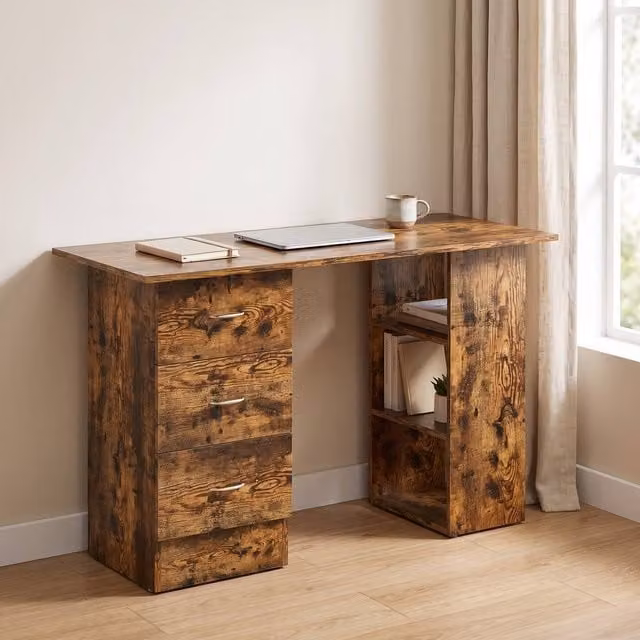 STILVORA Computer Desk with 3 Drawers and Shelves in Rustic Brown, W: 120 cm, H: 72 cm, D: 60 cm – 1